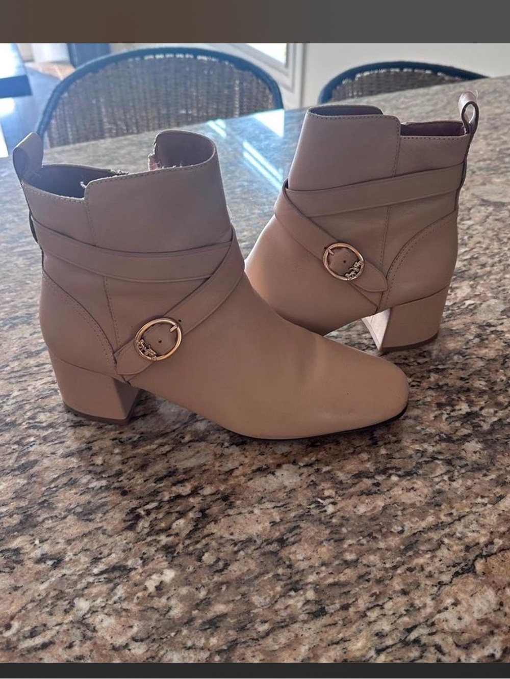 Coach Beige/Tan Ankle Booties with Gold Buckle